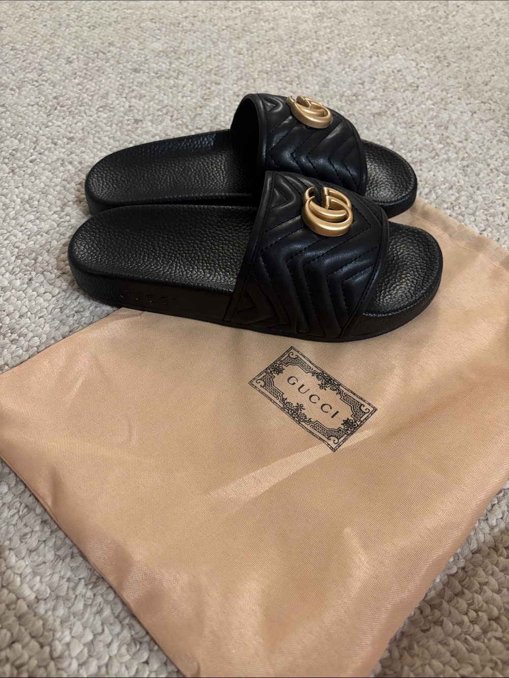 Gucci Black Quilted Leather Slide Sandals with Gold Double G Emblem